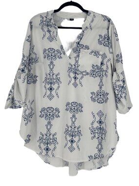 SHEIN Boho Print V-Neck Blouse 3/4 Sleeve White & Navy Blue Size 1XL